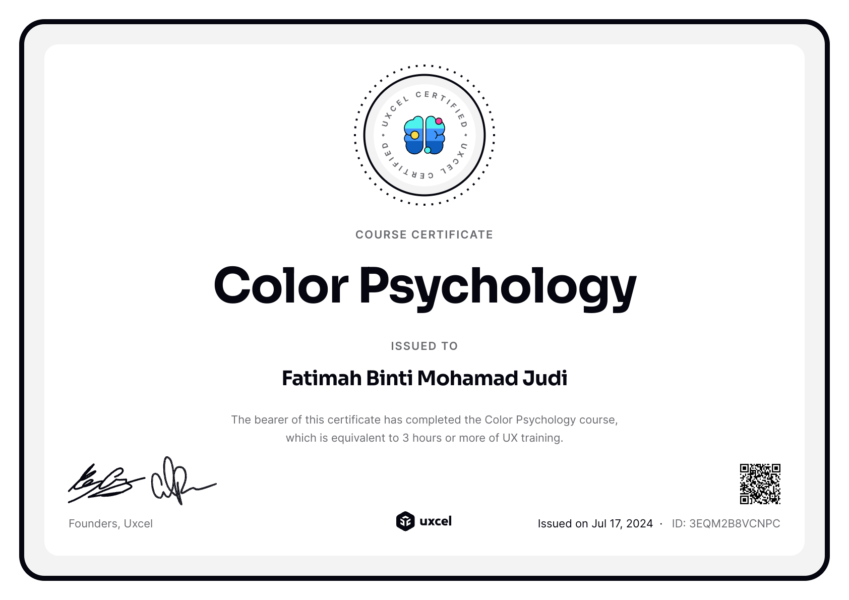 Fatimah Binti Mohamad Judi's certificate